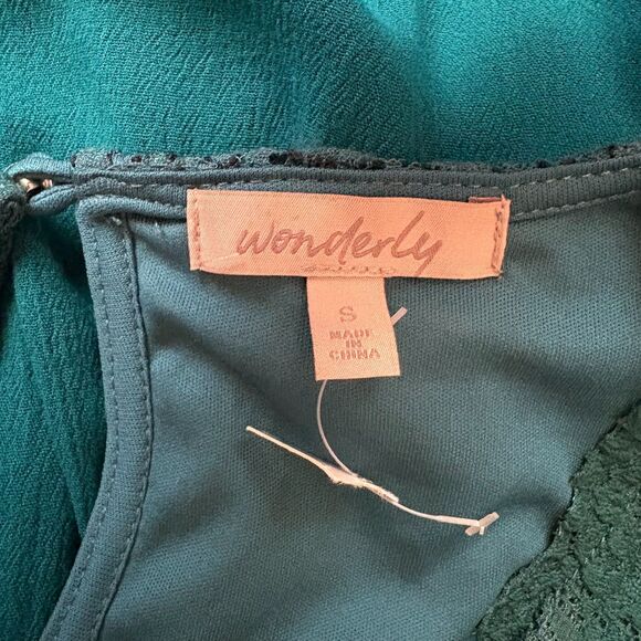 Wonderly V-Neck Babydoll Blouse Deep Teal Lace Bohemian Fairycore Size Small - Picture 3 of 4